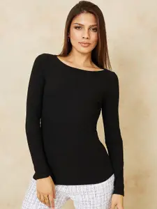 Styli Women Black Long Sleeves Brushed Ribbed Boat Neck Fitted T-shirt