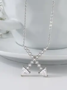 MINUTIAE Silver Toned And White Brass Silver Plated Crystal Studded Pendant Necklace