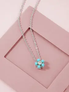 MINUTIAE Women Blue  Beads Floral Pendant Brass Silver-Plated Necklace