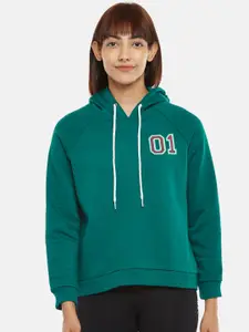 Ajile by Pantaloons Women Teal Green Printed Hooded Sweatshirt
