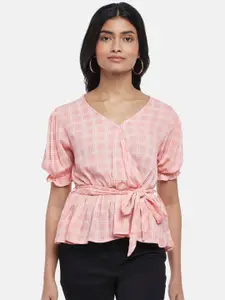 Honey by Pantaloons Women Peach-Coloured & White Checked Cinched Waist Top