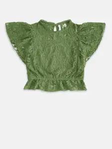 Pantaloons Junior Girls Olive Green Lace Blouson Crop Top