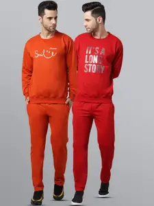 VIMAL JONNEY Men Pack of 2 Red & Rust Orange Printed Pure Fleece Tracksuits