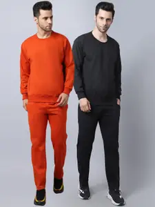 VIMAL JONNEY VIMAL JONNEY Men Pack of 2 Orange & Black Solid Fleece Tracksuits