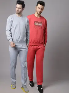 VIMAL JONNEY Men Pack Of 2 Red & Grey Solid Fleece Tracksuits