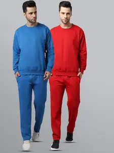 VIMAL JONNEY Men Pack of 2 Red & Blue Solid Fleece Tracksuits