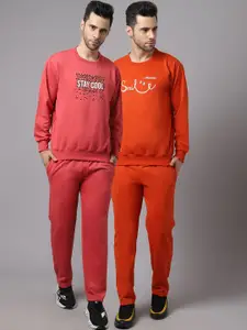 VIMAL JONNEY Men Pack of 2 Pink & Orange Printed Fleece Tracksuits