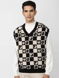 FOREVER 21 Men Black & Off White Printed Sweater Vest