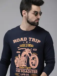 Roadster Men Navy Blue & Pink Biker Printed T-shirt