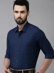 Arrow Men Navy Blue Original Slim Fit Windowpane Checks Opaque Pure Cotton Formal Shirt