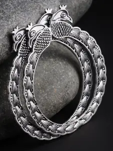 PANASH Set of 2 Silver-Toned Oxidised Peacock-Shaped Bangles