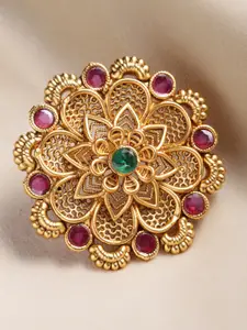 PANASH Women Gold-Plated Purple & Green Kundan-Studded Hand-Painted Adjustable Finger Ring