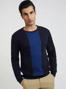 Raymond Men Blue Cable Knit Woolen Pullover