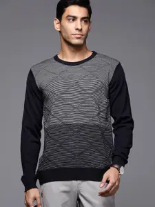 Raymond Men Navy Blue & Grey Striped Sweater