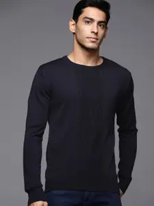 Raymond Men Navy Blue Solid Cable Knit Pullover