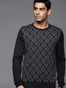 Raymond Men Navy Blue & Grey Self-Design Pullover