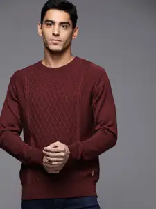 Raymond Men Maroon Solid Cable Knit Pullover