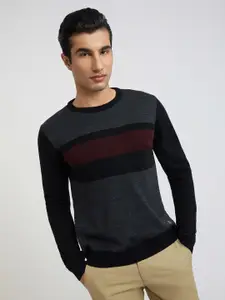 Raymond Men Black & Maroon Striped Woolen Pullover