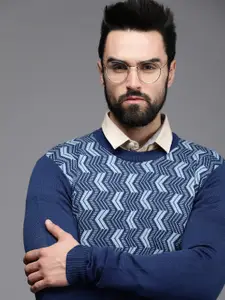 Raymond Men Blue Chevron Printed Pullover