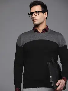 Raymond Men Black & Grey Colourblocked Round Neck Long Sleeves Pullover