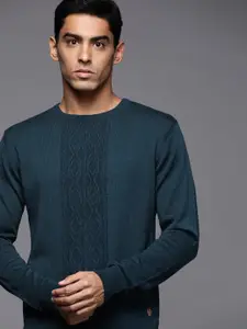 Raymond Men Teal Blue Solid Cable Knit Pullover