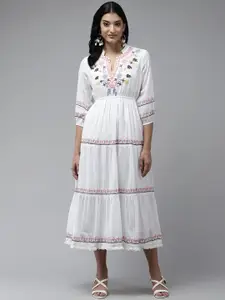 Yufta White Floral Embroidered Cotton A-Line Midi Dress