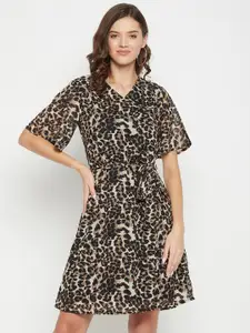 Color Cocktail Brown Animal Georgette Fit & Flare Dress