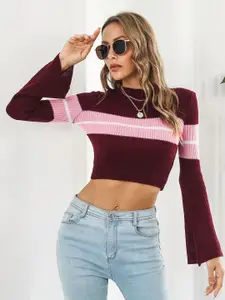 StyleCast Women Maroon & Pink Striped Striped Crop Pullover
