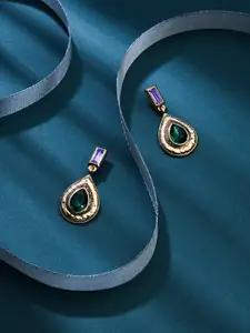 Accessorize Women Gold-Toned & Green Oval Drop Earrings