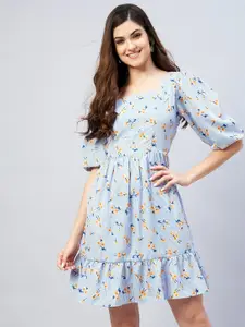 RARE Blue & Cream-Coloured Floral Printed Crepe A-Line Mini Dress