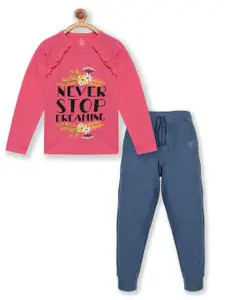 KiddoPanti Girls Pink & Blue Printed Pure Cotton T-shirt with Track Pant