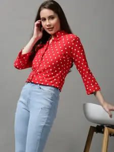 SHOWOFF Women Red Slim Fit Printed Cotton Casual Shirt