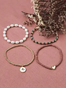 Accessorize Women Set of 4 Gold-Toned & White Charms Stretch Bracelets