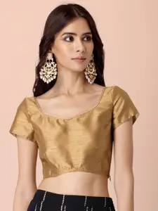 Rang by Indya Women Gold-Toned Solid Sweetheart Neck Silk Blend Blouson Crop Top