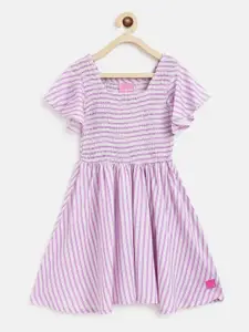 TALES & STORIES Girls Purple Striped Smocked Cotton Fit & Flare Dress