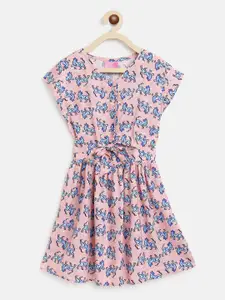 TALES & STORIES Girls Pink & Blue Printed Rayon A-Line Dress