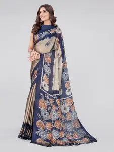 MIRCHI FASHION Beige & Navy Blue Floral Block Printed Poly Chiffon Saree