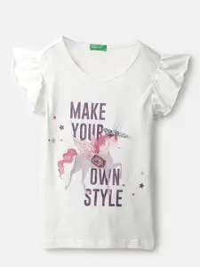 United Colors of Benetton Kids Girls White Typography Print Flared Sleeves Cotton Top