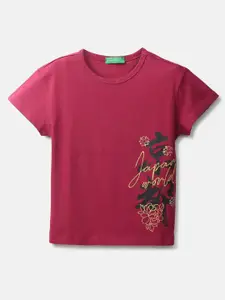 United Colors of Benetton Girls Magenta Graphic Printed Short Sleeves Cotton T Shirt