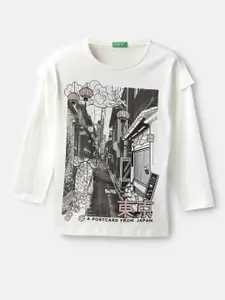 United Colors of Benetton Girls White & Grey Printed Cotton T-shirt
