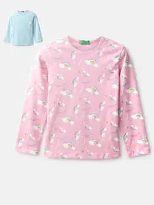 United Colors of Benetton Girls Pack Of 2 Pink & Blue Printed Cotton T-shirt