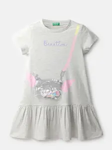 United Colors of Benetton Girl Grey Applique Drop-Waist Cotton Dress