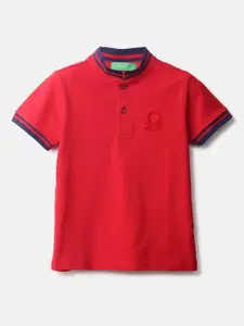 United Colors of Benetton Boys Red & Blue Cotton Mandarin Collar T-shirt