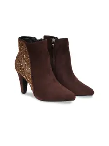 SHUZ TOUCH Women Brown Embellished Heels Ankle Boots