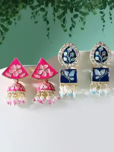 Zaveri Pearls Set of 2 Blue & Pink Gold Plated Contemporary Drop Earrings