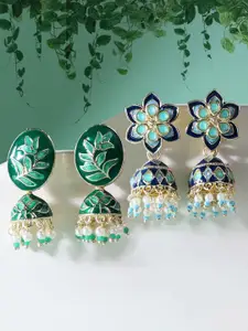 Zaveri Pearls Pack Of 2 Blue & Green Dome Shaped Jhumkas Earrings