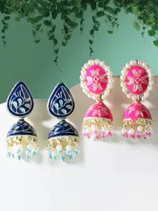 Zaveri Pearls Set of 2 Blue & Pink Dome Shaped Jhumkas Earrings