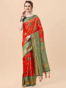 Mitera Red & Gold-Toned Woven Design Zari Silk Blend Banarasi Saree