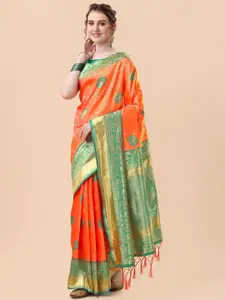 Mitera Orange & Gold-Toned Woven Design Zari Silk Blend Banarasi Saree