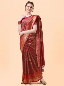 Mitera Brown & Orange Woven Design Zari Silk Blend Banarasi Saree